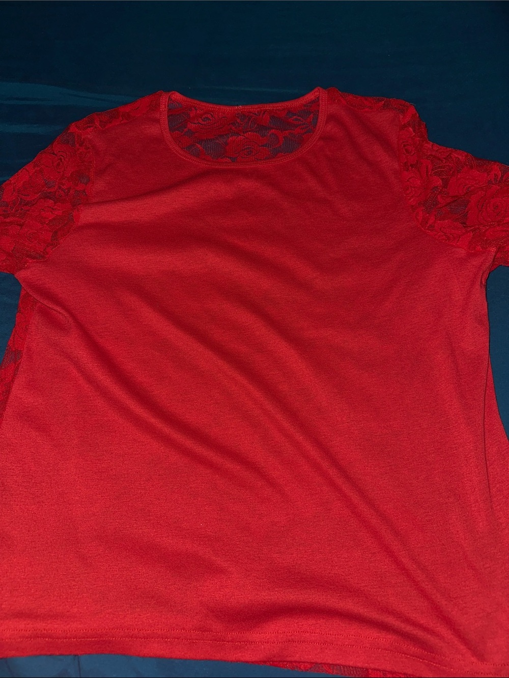 Women's Red Long Sleeve Lace-Sleeve Tee